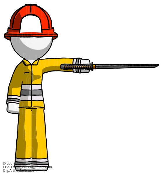 White Firefighter Fireman Man Standing With Ninja Sword Katana Pointing Right #12186