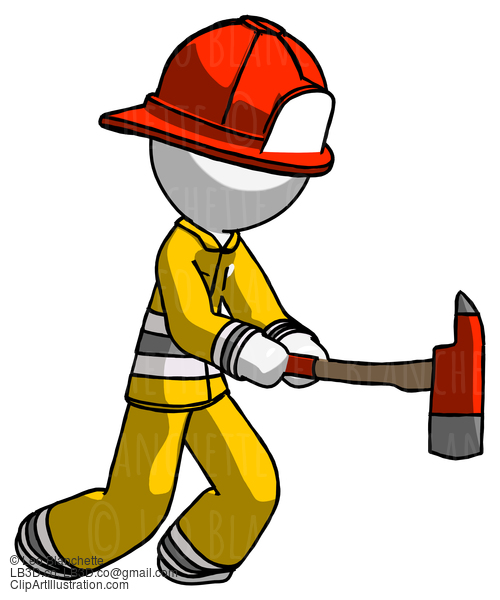 White Firefighter Fireman Man With Ax Hitting, Striking, Or Chopping #12187