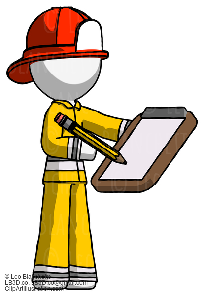 White Firefighter Fireman Man Using Clipboard And Pencil #12188