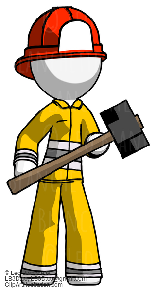 White Firefighter Fireman Man With Sledgehammer Standing Ready To Work Or Defend #12190