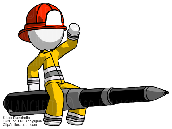 White Firefighter Fireman Man Riding A Pen Like A Giant Rocket #12192