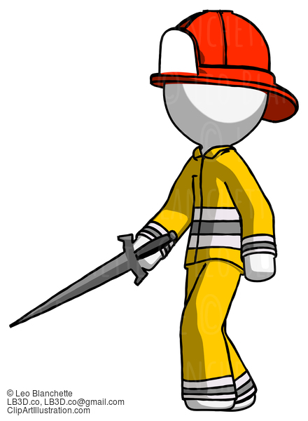 White Firefighter Fireman Man With Sword Walking Confidently #12196