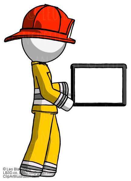 White Firefighter Fireman Man Show Tablet Device Computer To Viewer, Blank Area #12201