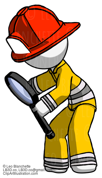 White Firefighter Fireman Man Inspecting With Large Magnifying Glass Left #12202