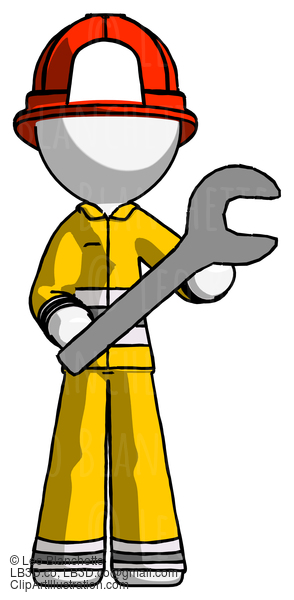 White Firefighter Fireman Man Holding Large Wrench With Both Hands #12208