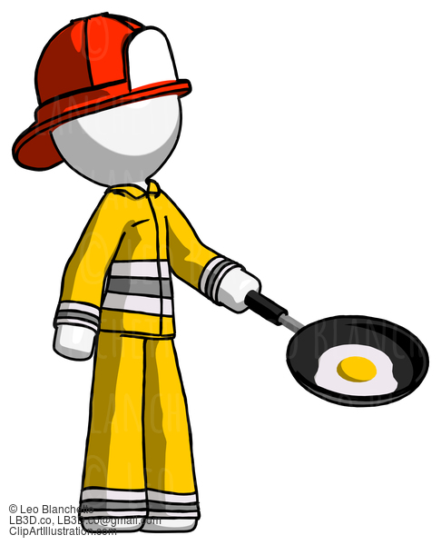 White Firefighter Fireman Man Frying Egg In Pan Or Wok Facing Right #12209