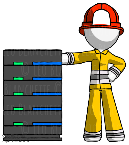 White Firefighter Fireman Man With Server Rack Leaning Confidently Against It #12213