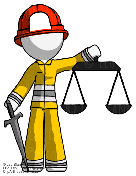 White Firefighter Fireman Man Justice Concept With Scales And Sword, Justicia Derived #12221