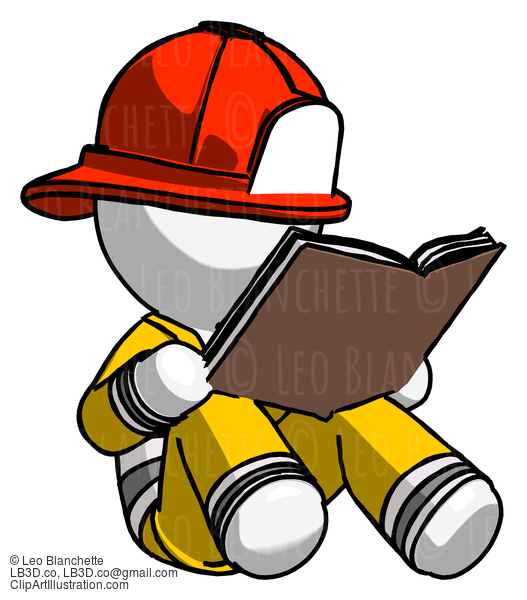 White Firefighter Fireman Man Reading Book While Sitting Down #12231