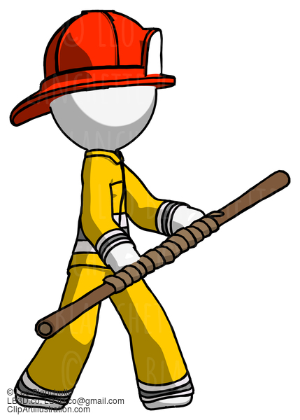 White Firefighter Fireman Man Holding Bo Staff In Sideways Defense Pose #12234