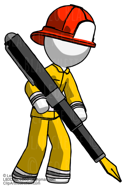 White Firefighter Fireman Man Drawing Or Writing With Large Calligraphy Pen #12235