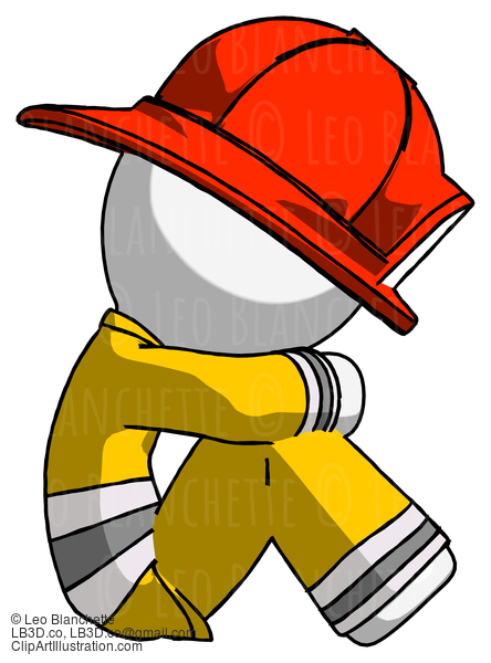 White Firefighter Fireman Man Sitting With Head Down Facing Sideways Right #12242