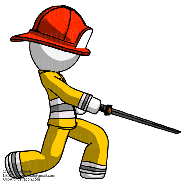 White Firefighter Fireman Man With Ninja Sword Katana Slicing Or Striking Something #12244