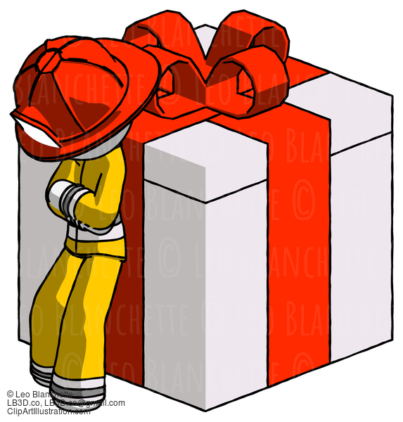 White Firefighter Fireman Man Leaning On Gift With Red Bow Angle View #12245