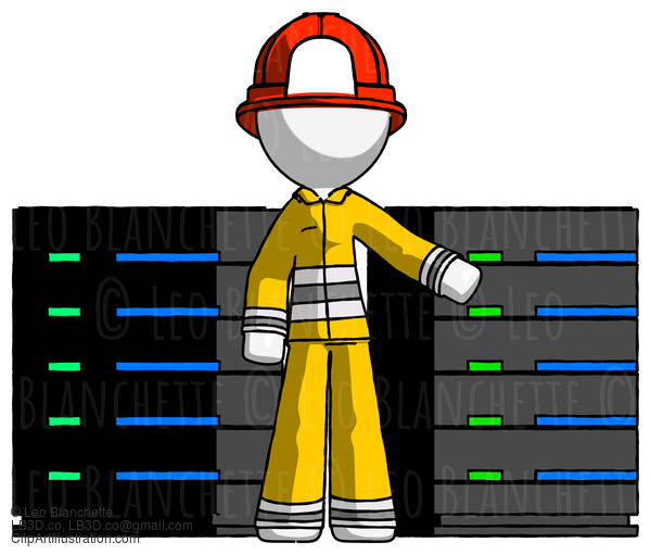 White Firefighter Fireman Man With Server Racks, In Front Of Two Networked Systems #12247