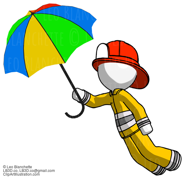 White Firefighter Fireman Man Flying With Rainbow Colored Umbrella #12259