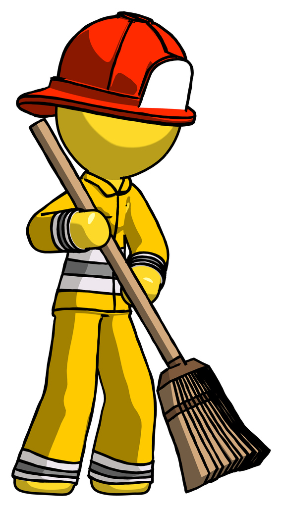 Yellow Firefighter Fireman Man sweeping area with broom