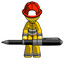 Yellow Firefighter Fireman Man weightlifting a giant pen