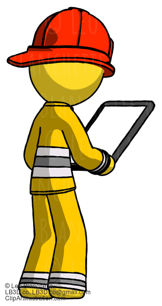 Yellow Firefighter Fireman Man Looking At Tablet Device Computer Facing Away #14095