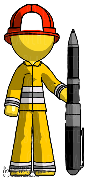 Yellow Firefighter Fireman Man Holding Large Pen #14096