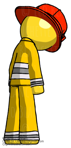 Yellow Firefighter Fireman Man Depressed With Head Down, Back To Viewer, Right #14097