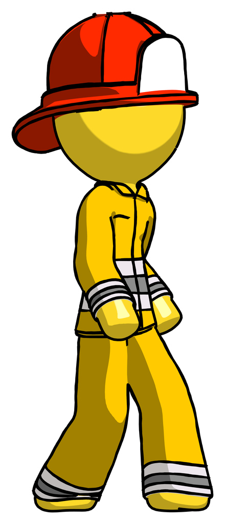 Yellow Firefighter Fireman man walking turned right front view