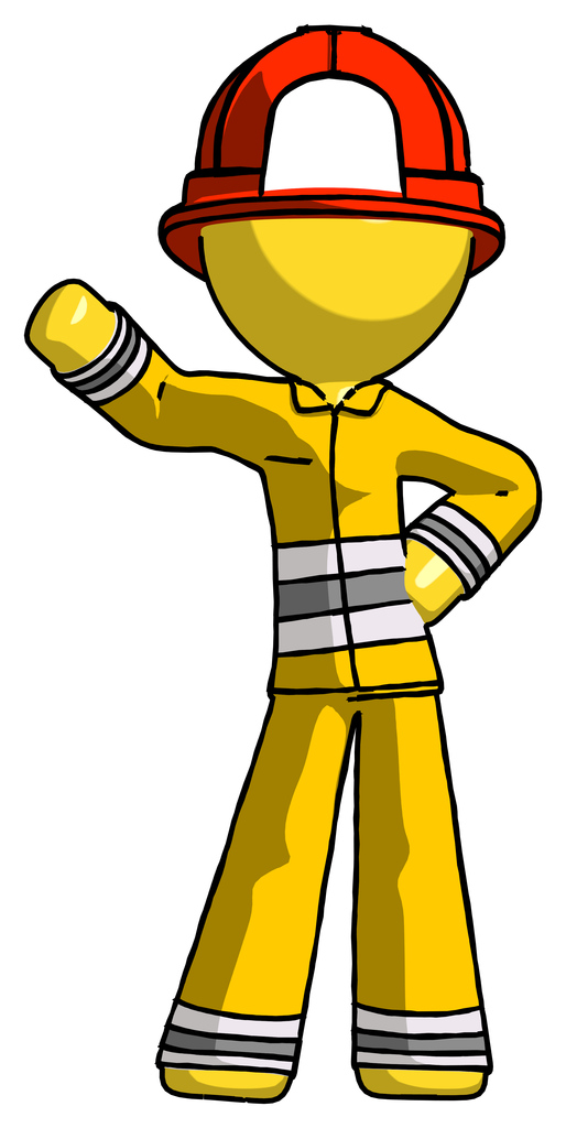Yellow Firefighter Fireman Man Waving Right Arm with Hand on Hip