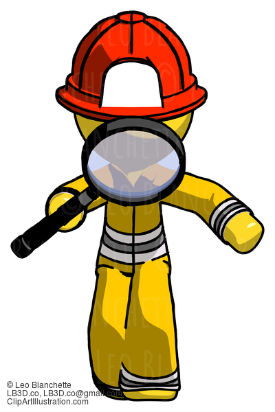 Yellow Firefighter Fireman Man Looking Down Through Magnifying Glass #14106