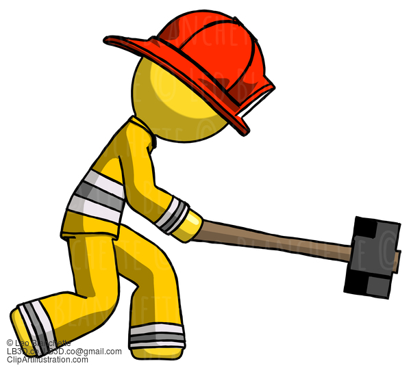 Yellow Firefighter Fireman Man Hitting With Sledgehammer, Or Smashing Something #14107