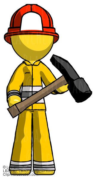 Yellow Firefighter Fireman Man Holding Hammer Ready To Work #14108