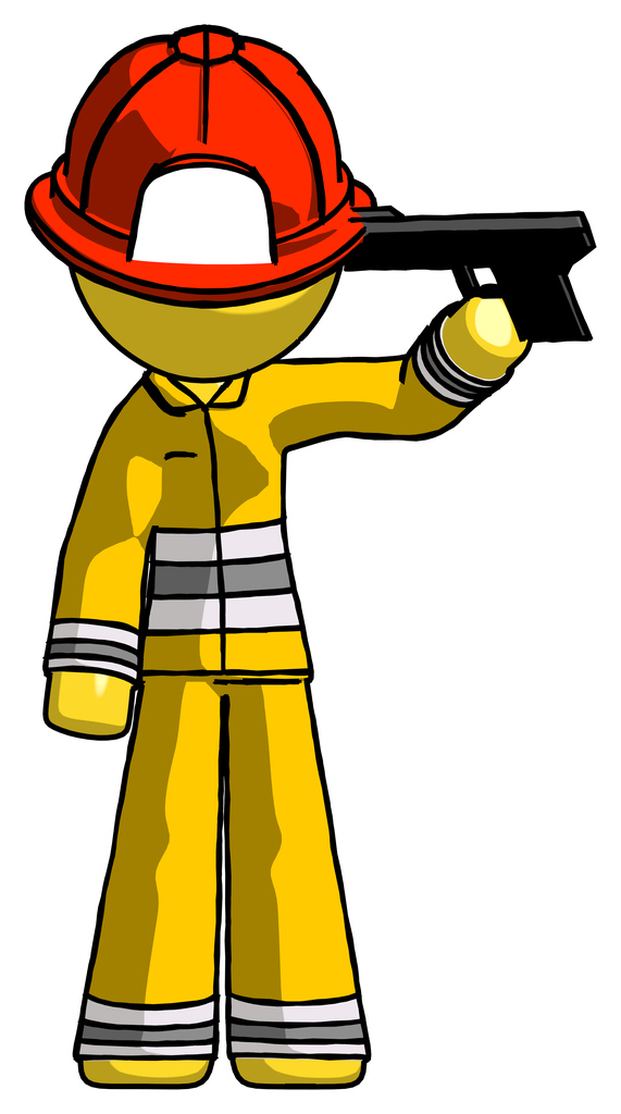 Yellow Firefighter Fireman Man suicide gun pose