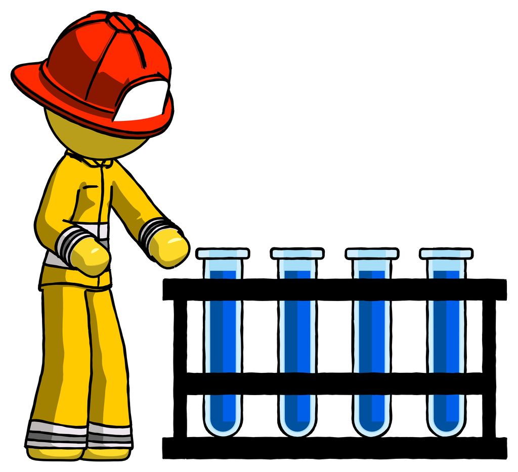 Yellow Firefighter Fireman Man Using Test Tubes Or Vials On Rack