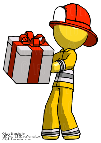 Yellow Firefighter Fireman Man Presenting A Present With Large Red Bow On It #14113