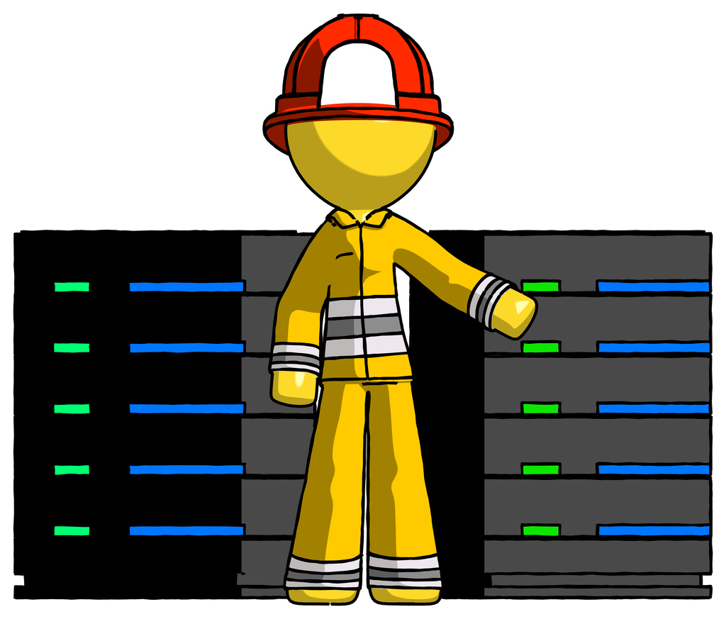 Yellow Firefighter Fireman Man With Server Racks, In Front Of Two Networked Systems
