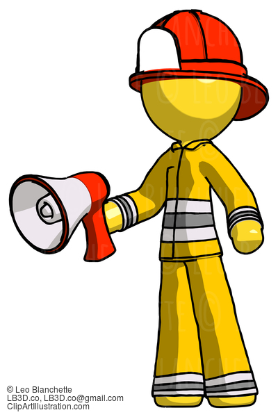 Yellow Firefighter Fireman Man Holding Megaphone Bullhorn Facing Right #14120