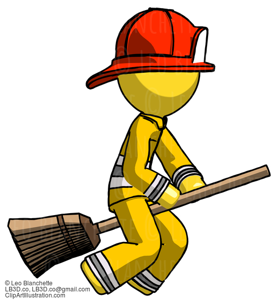 Yellow Firefighter Fireman Man Flying On Broom #14123