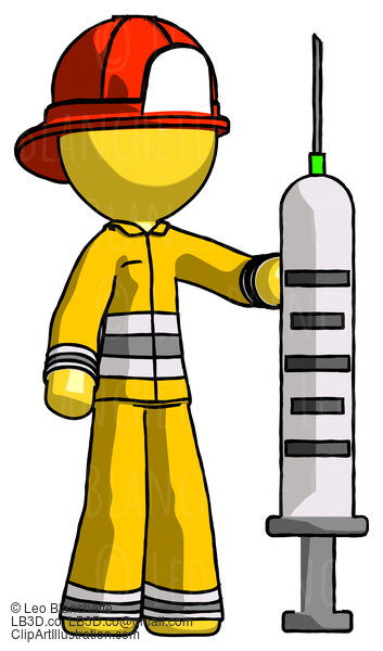 Yellow Firefighter Fireman Man Holding Large Syringe #14124