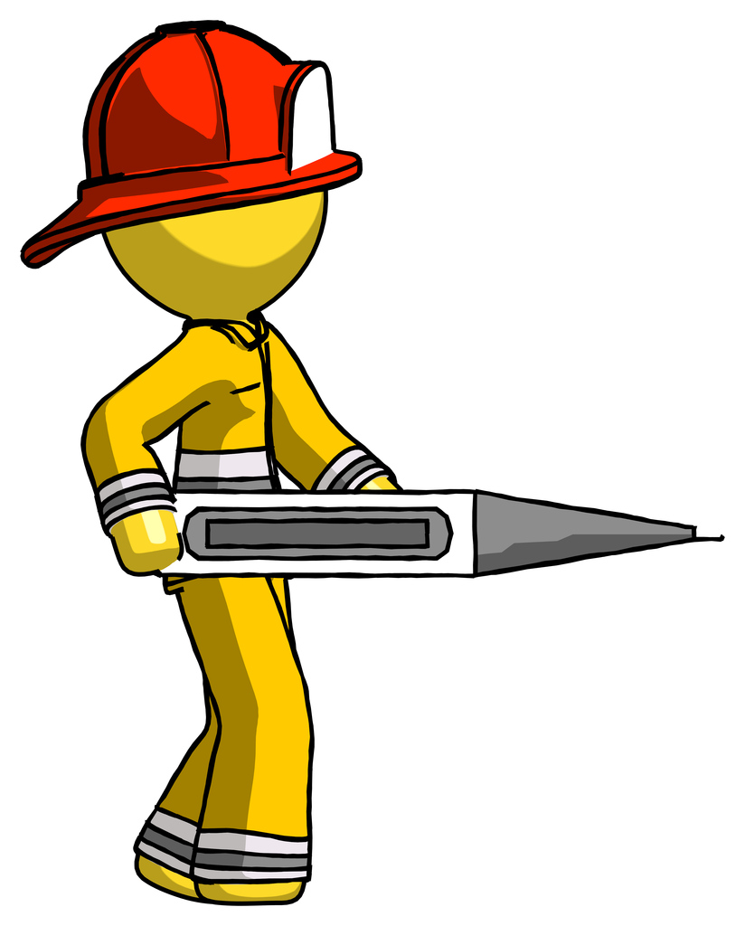 Yellow Firefighter Fireman Man Walking With Large Thermometer