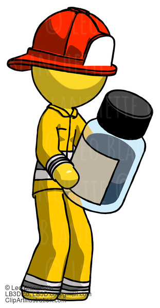 Yellow Firefighter Fireman Man Holding Glass Medicine Bottle #14126