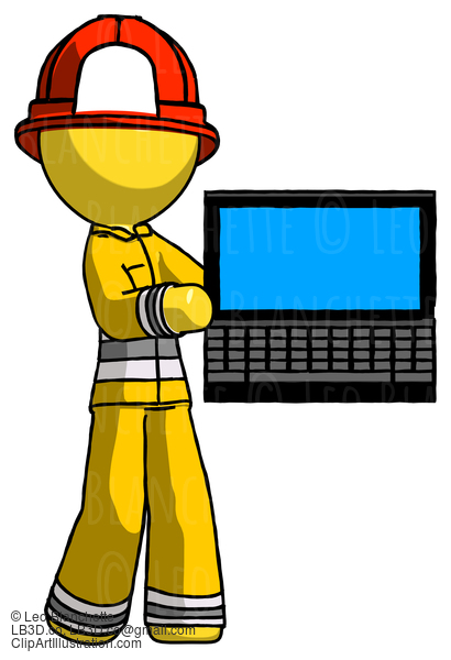 Yellow Firefighter Fireman Man Holding Laptop Computer Presenting Something On Screen #14129