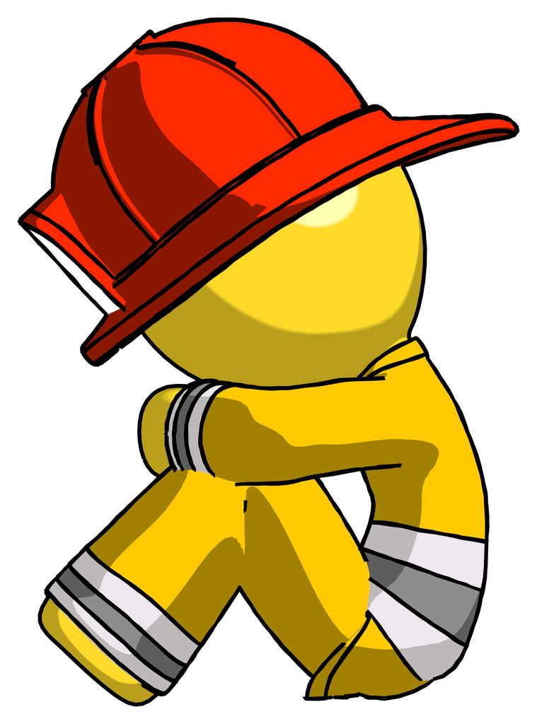 Yellow Firefighter Fireman Man Sitting with Head Down Facing Sideways Left