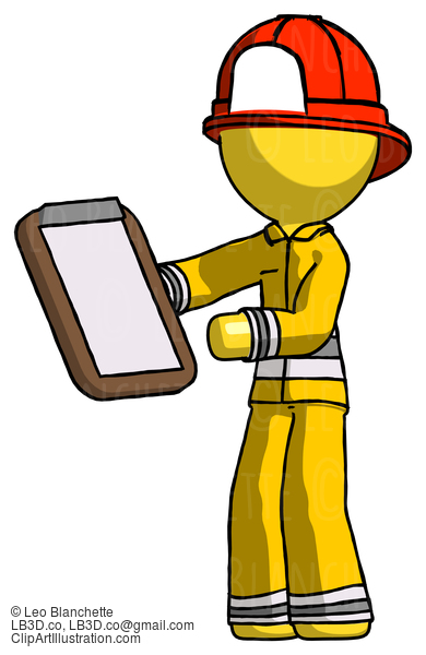 Yellow Firefighter Fireman Man Reviewing Stuff On Clipboard #14132