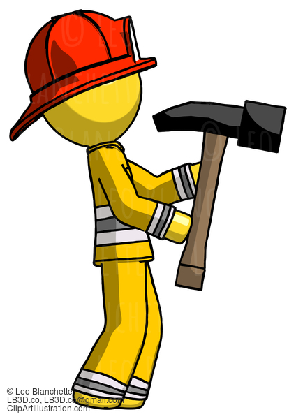 Yellow Firefighter Fireman Man Hammering Something On The Right #14133