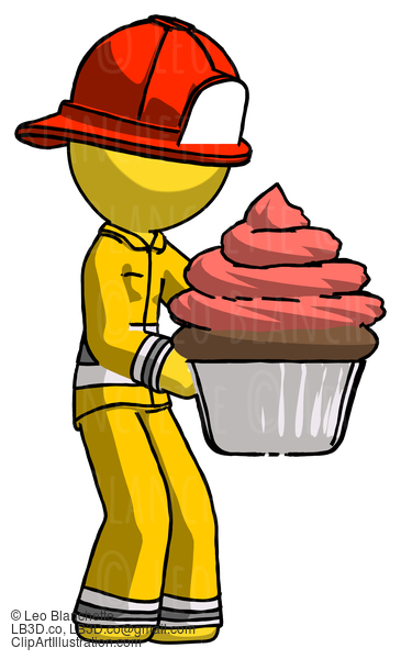 Yellow Firefighter Fireman Man Holding Large Cupcake Ready To Eat Or Serve #14137