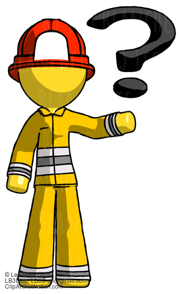 Yellow Firefighter Fireman Man Holding Question Mark To Right #14139