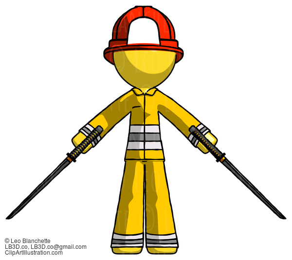 Yellow Firefighter Fireman Man Posing With Two Ninja Sword Katanas #14144