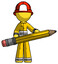 Yellow Firefighter Fireman Man writer or blogger holding large pencil