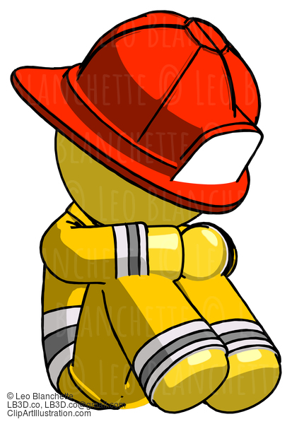 Yellow Firefighter Fireman Man Sitting With Head Down Facing Angle Right #14147