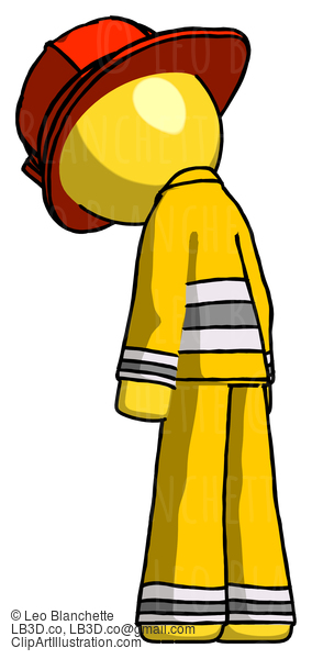 Yellow Firefighter Fireman Man Depressed With Head Down, Back To Viewer, Left #14148