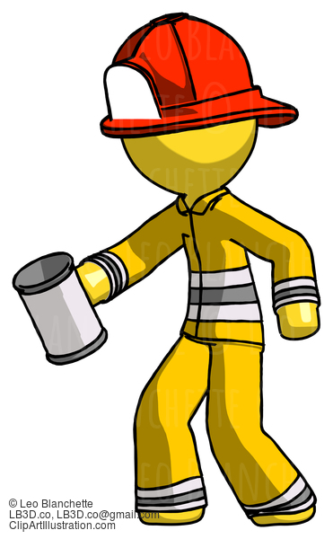 Yellow Firefighter Fireman Man Begger Holding Can Begging Or Asking For Charity Facing Left #14149